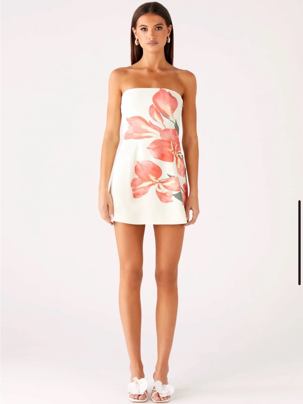 Peppermayo White Strapless Mini Dress with Coral Floral Accent